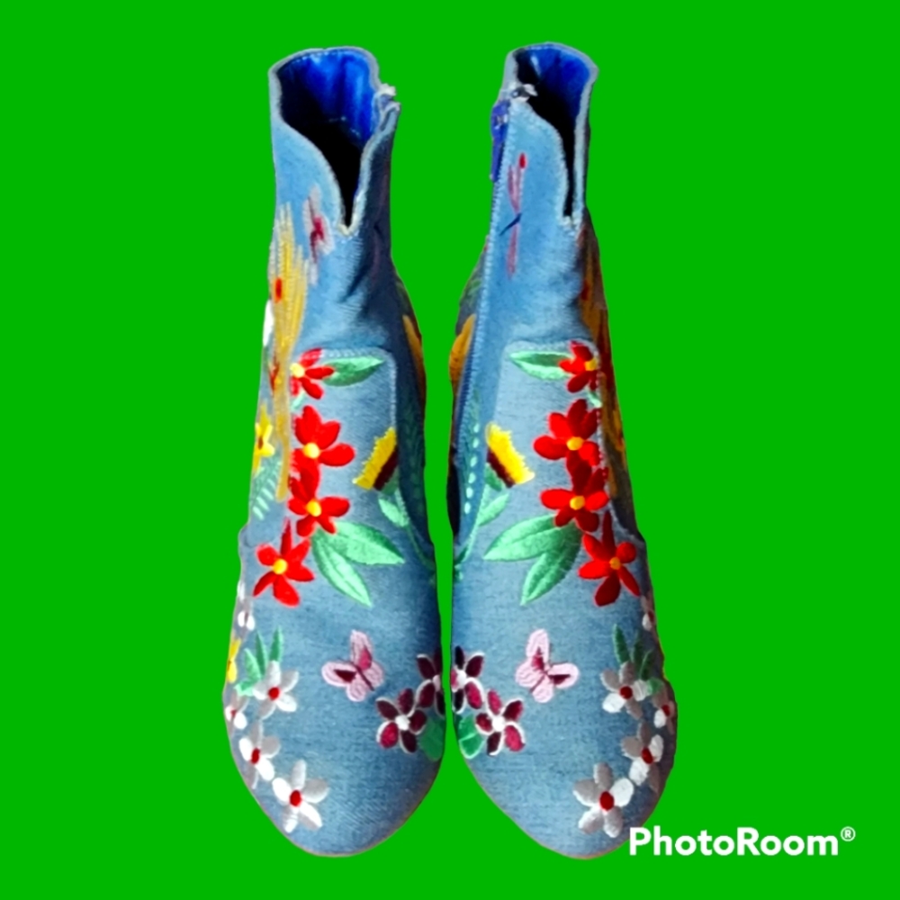 Embroidered Denim ankle boots